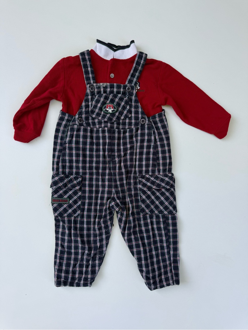 Red Long-Sleeve Top with Navy Plaid Overalls - Kids Baby Boots 2 piece set
